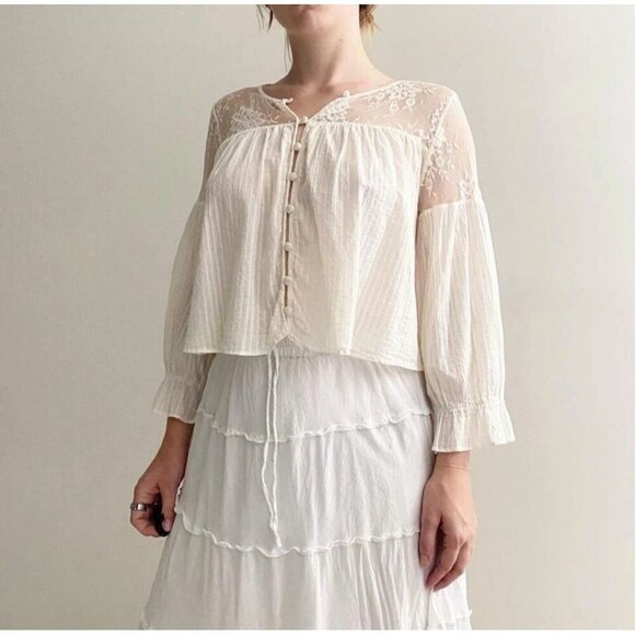 Free People Womens Top Sz Small Ivory Cropped Romantic Lace Cotton Cottagecore - Picture 1 of 8